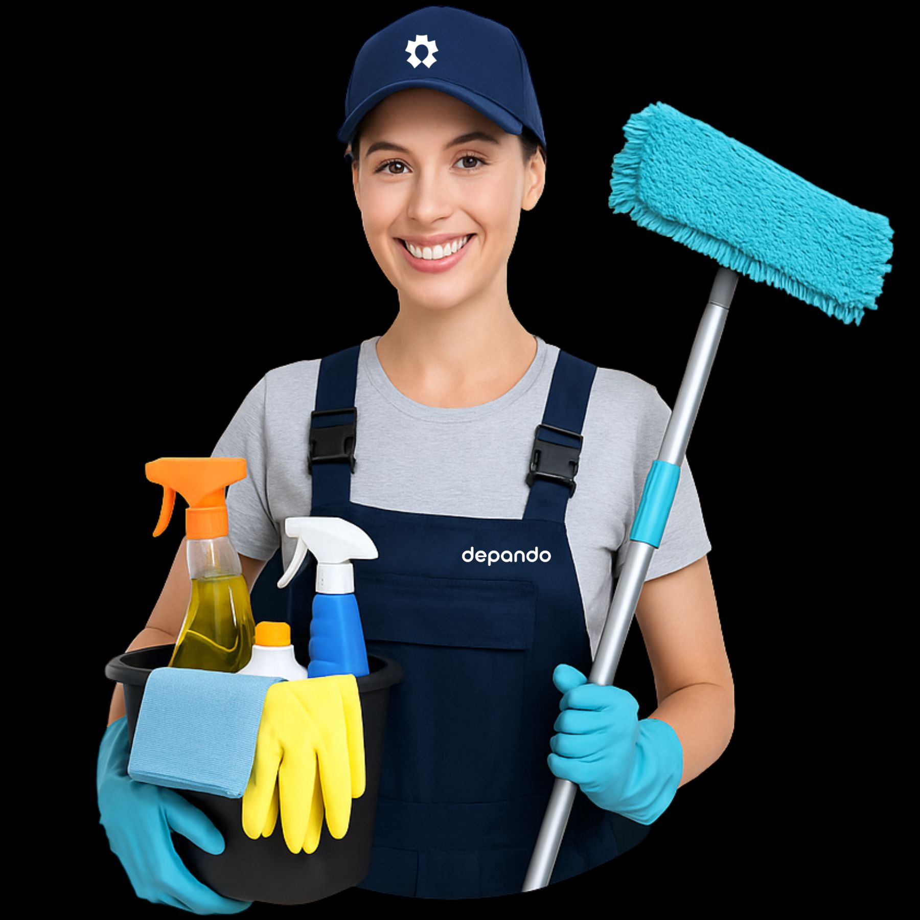 Professional cleaner with cleaning supplies